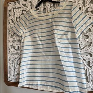 Devon Baer Silk Blue and White Striped Short Sleeve Top